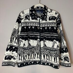 Vintage Jane Ashley Black White African Animal Giraffe Elephant Tapestry Jacket